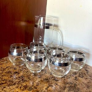 Vintage Silver Rim Glass Pitcher and Tumblers Set